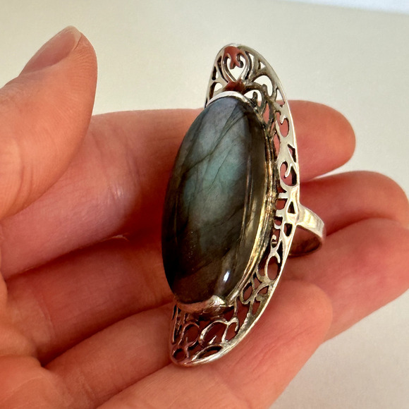 925 Sterling Silver Vintage HUGE Tall Labradorite Large Gemstone Ring Size 6.75 - Picture 11 of 14